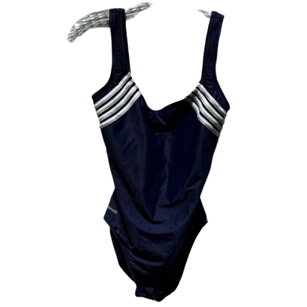 Speedo‎ Sz 10 Navy White Stripe One Piece Swimsuit